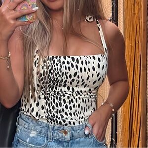 Reformation Tie-Shoulder Black & White Spot Crop Top